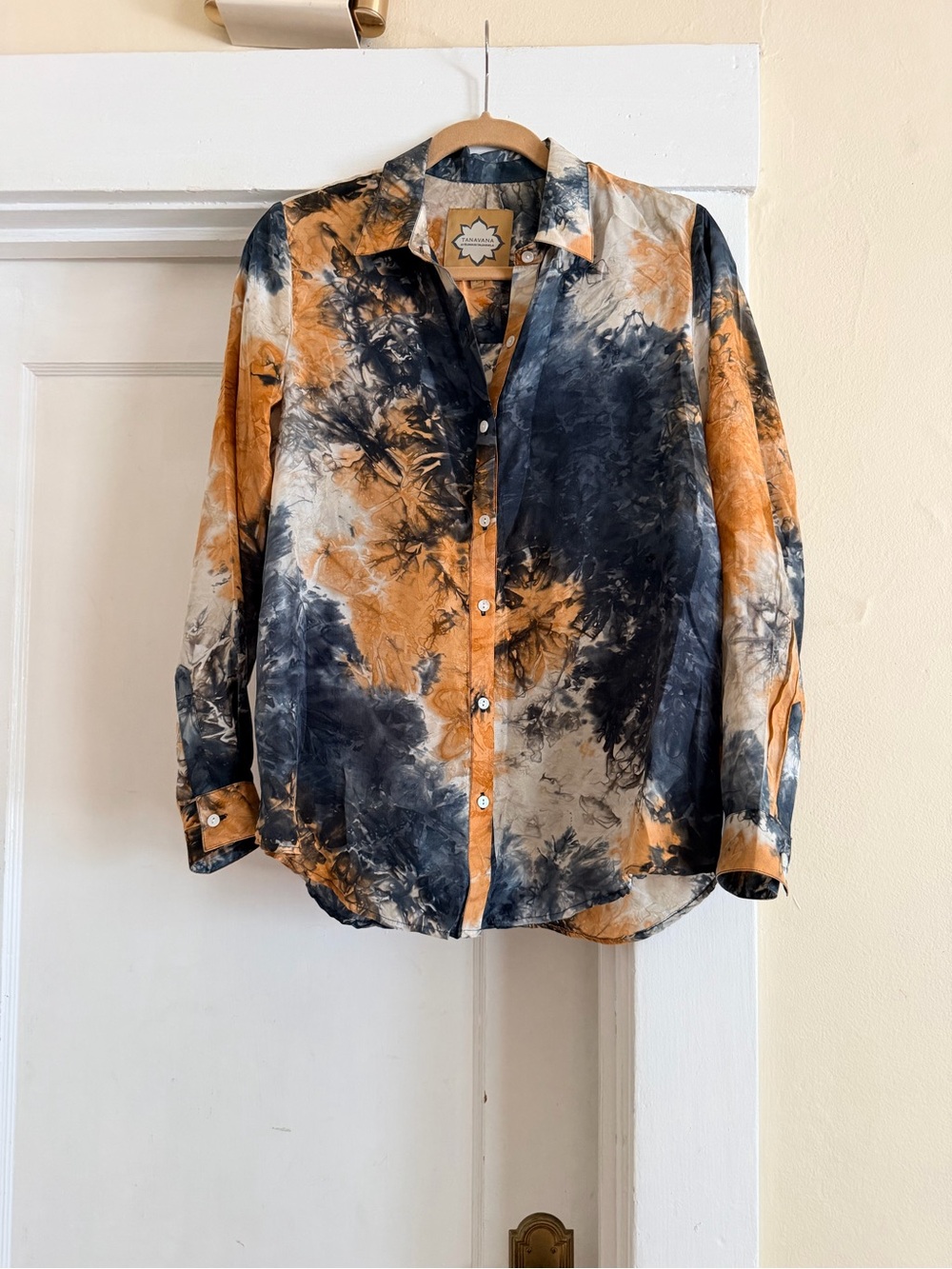 Tie-Dye Button-Up Blouse in Black, Orange, Cream - Casual Chic